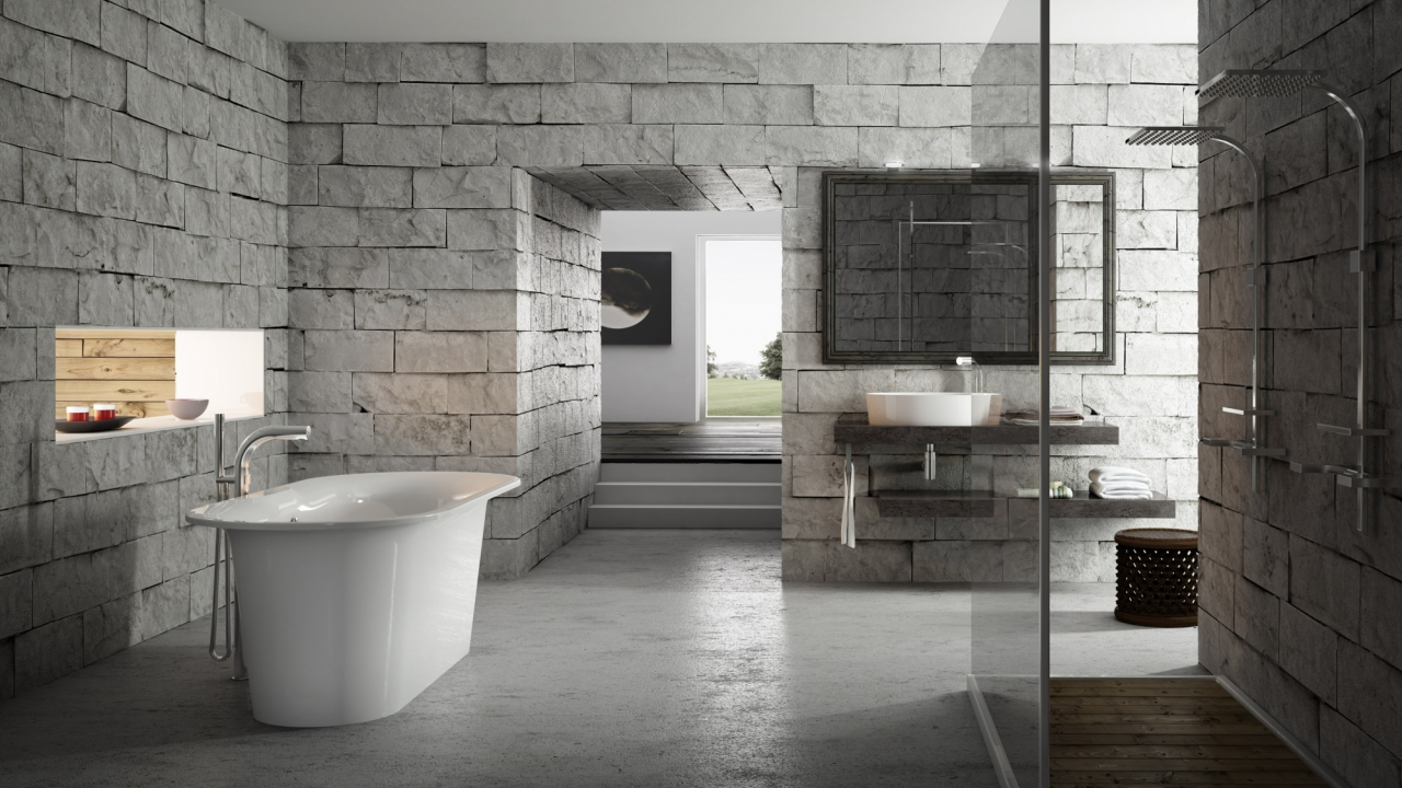 ванна, серый, интерьер, ванная комната, кирпич, дизайн