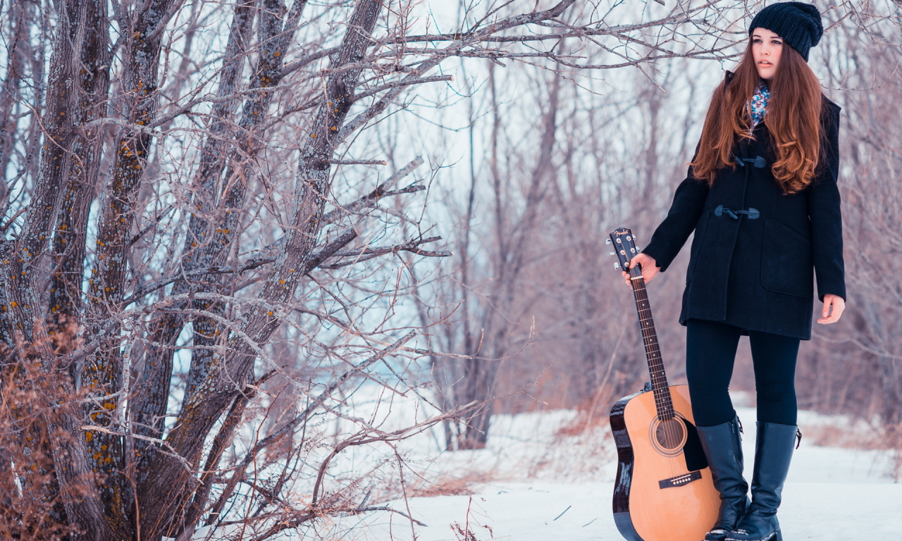 snow, guitare, girl