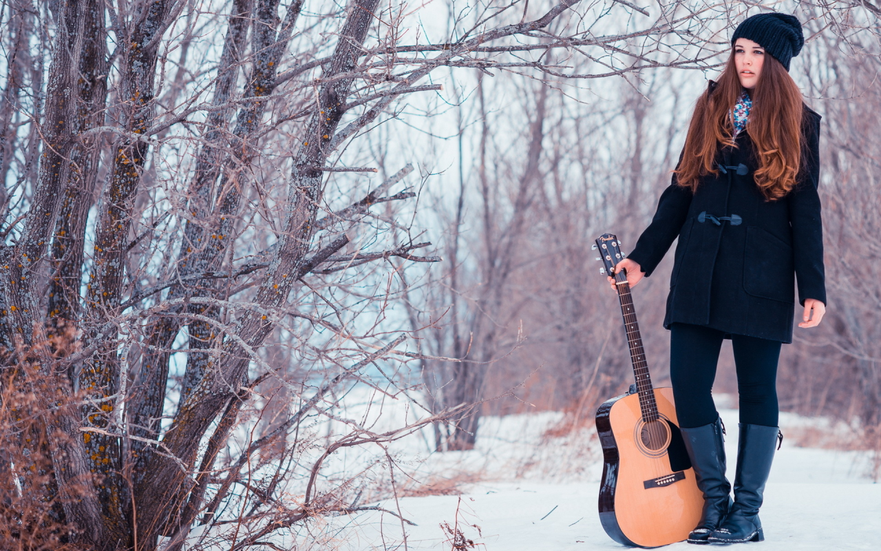 snow, guitare, girl