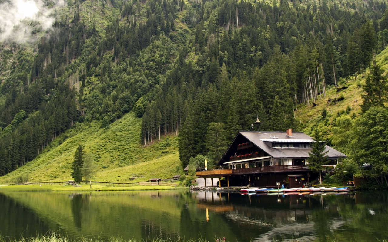 lake, house, boats, mountains, forest
