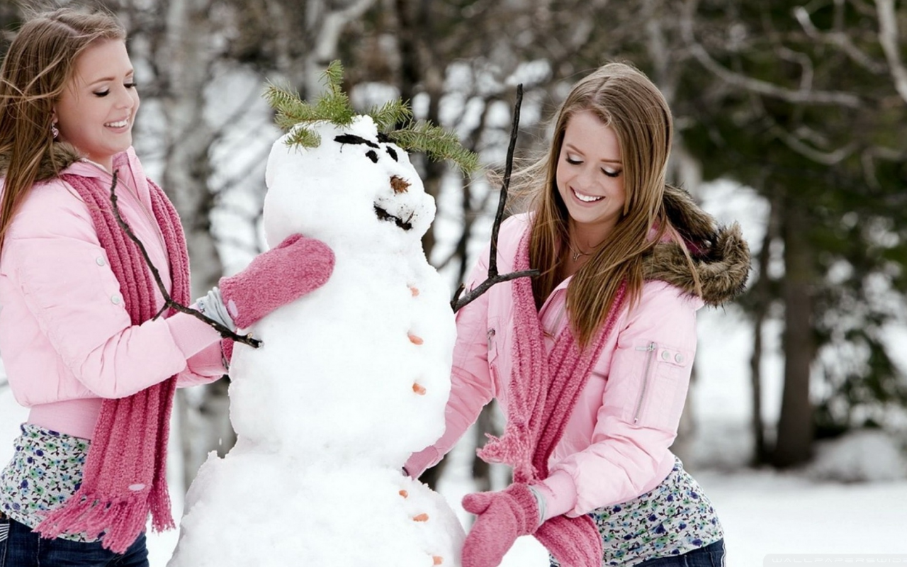 девушки, близнецы, зима, веселье, радость, снеговик, настроение