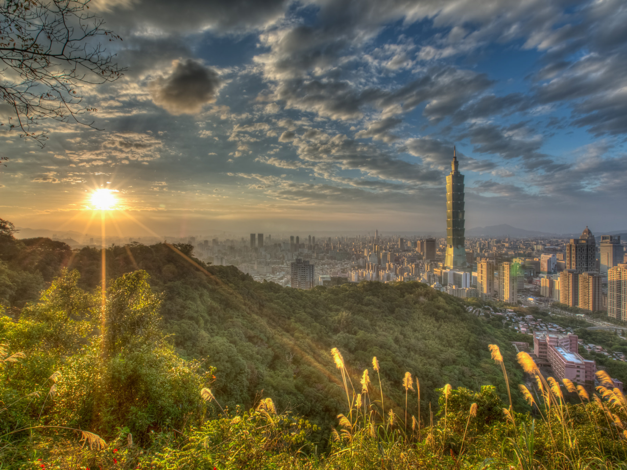 Тайбэй, Тайвань, Китай, закат, лучи, солнце