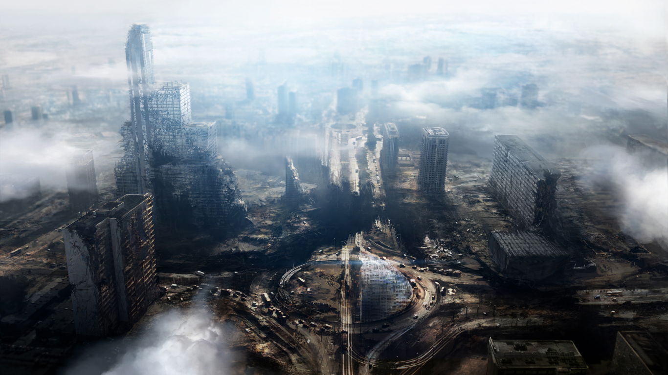 город, здания, руины, постапокалипсис, вид сверху, панорама, дороги, машины, облака