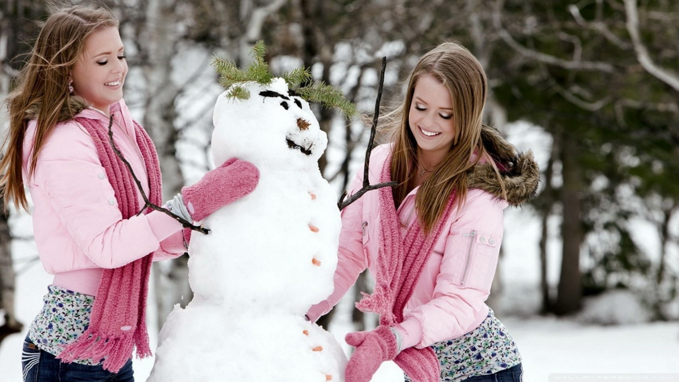 девушки, близнецы, зима, веселье, радость, снеговик, настроение