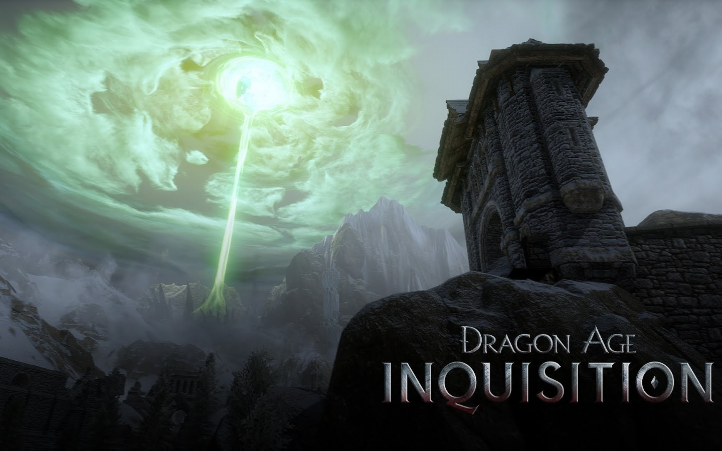 dragon age inquisition, луч, небо, тучи, магия, скалы, горы, замок