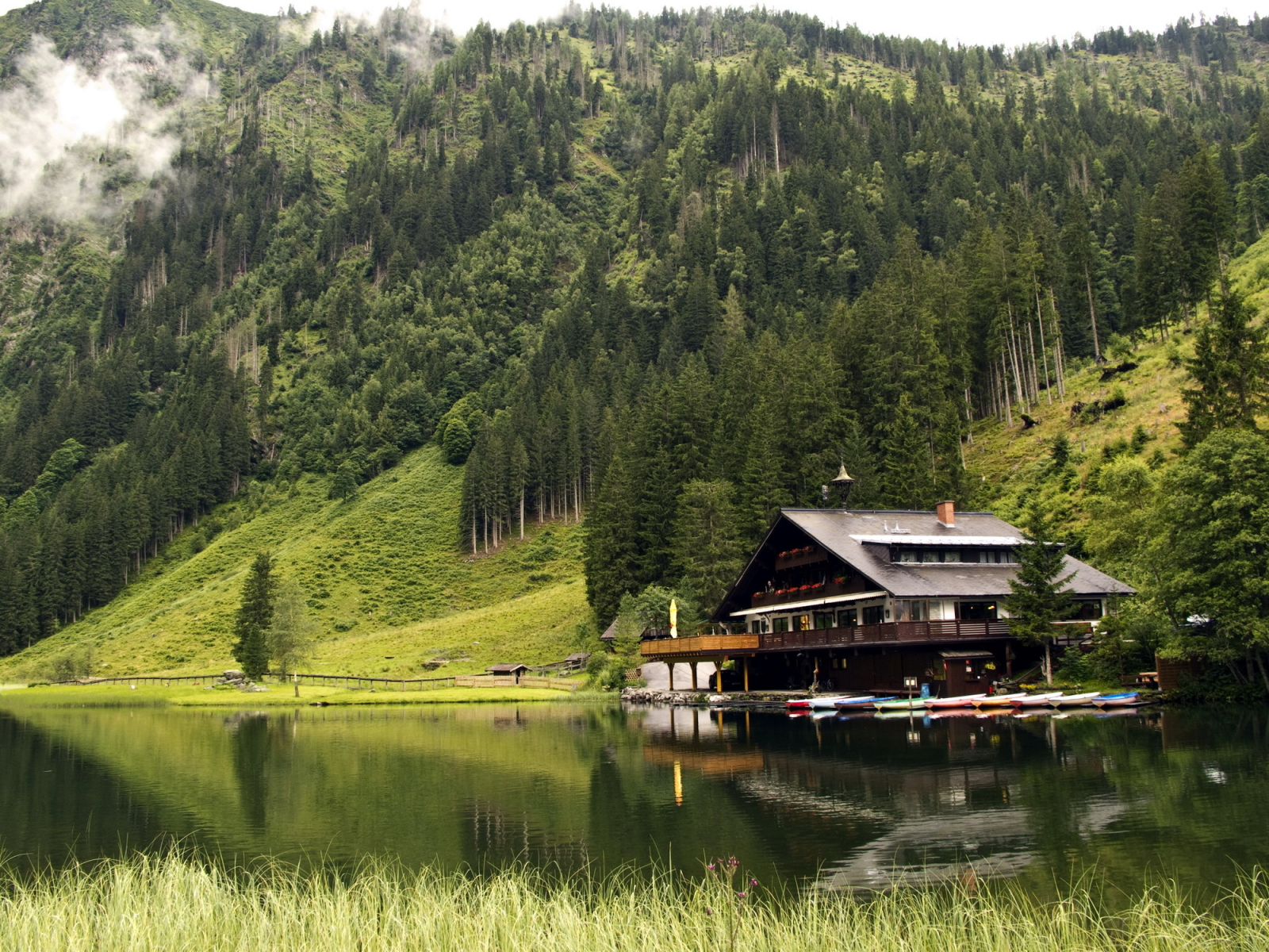 lake, house, boats, mountains, forest