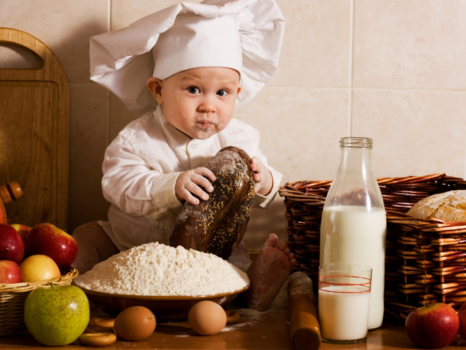 bread, baby, cap, flour, boy, milk, fruits, eggs, apples, vegetables, cook, babe, kitchen