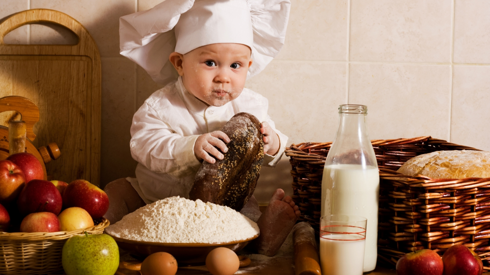 bread, baby, cap, flour, boy, milk, fruits, eggs, apples, vegetables, cook, babe, kitchen