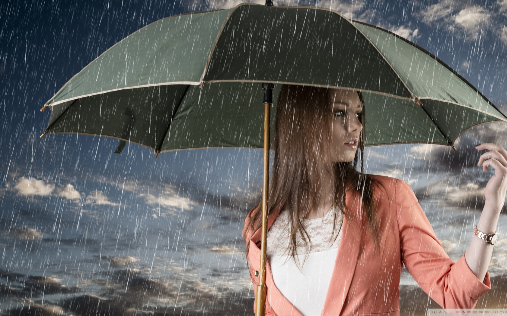 дождь, девушка, зонтик, взгляд, настроение