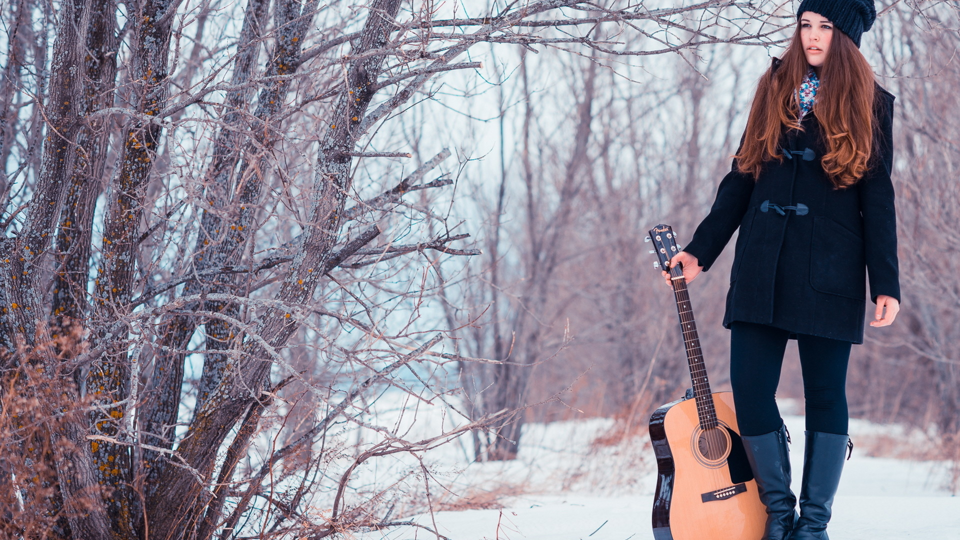 snow, guitare, girl