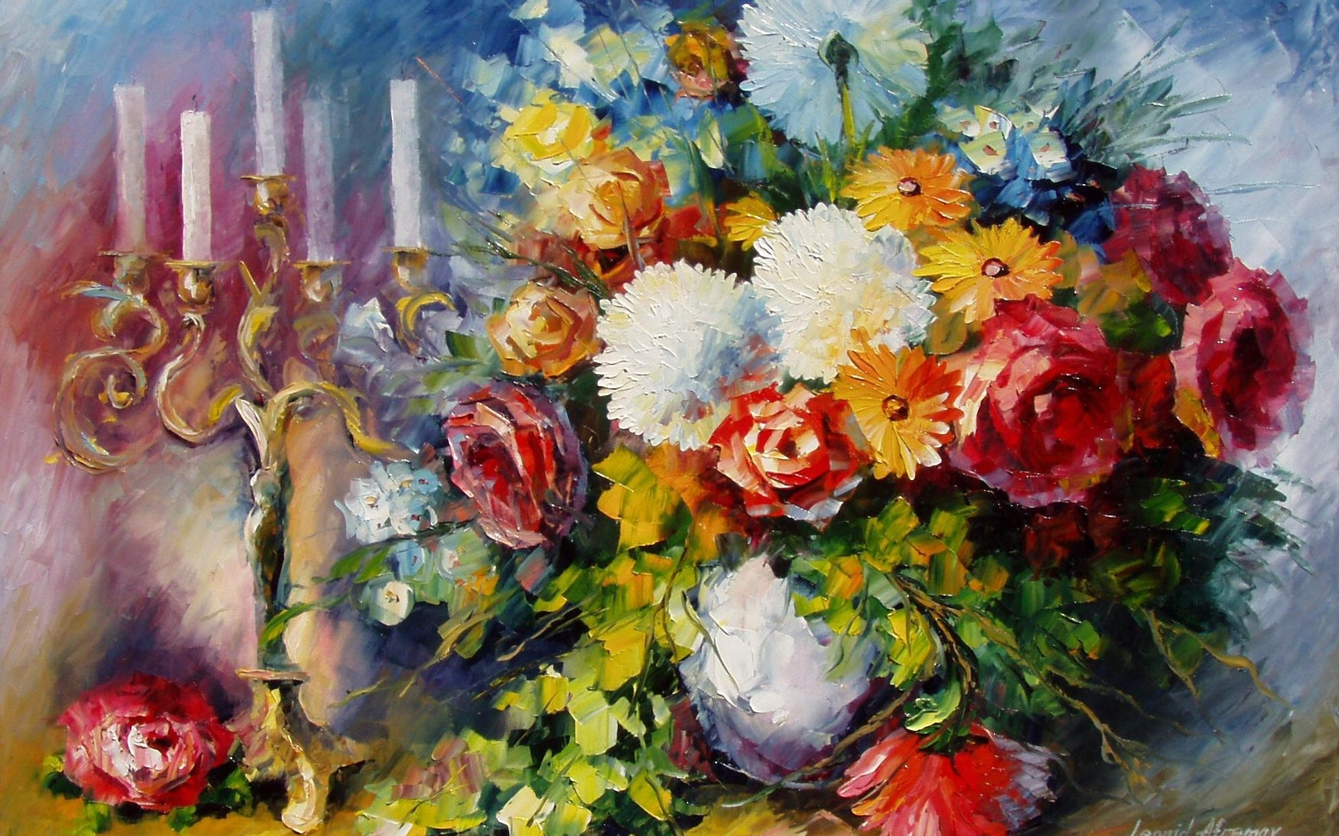 подсвечник, ваза, свечи, букет, leonid afremov, цветы, арт