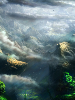 облака, зелень, горы, высота, арт, скалы, деревья, fel-x