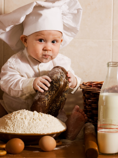 bread, baby, cap, flour, boy, milk, fruits, eggs, apples, vegetables, cook, babe, kitchen