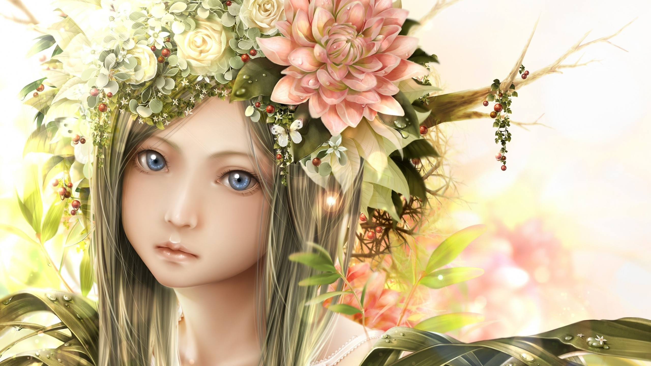 взгляд, портрет, девочка, венок, цветы, листья, bouno, satoshi, веточки, лицо