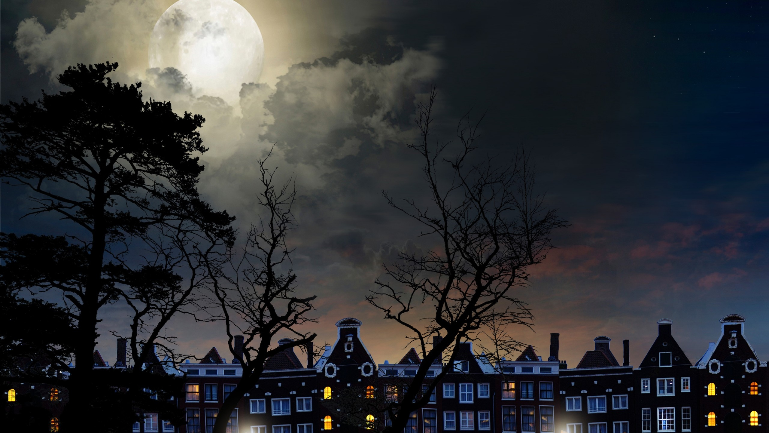 full, moon, magical night, city buildings, trees, sky, clouds, landscape, полный, луна, волшебная ночь, городские здания, деревья, небо, облака, пейзаж