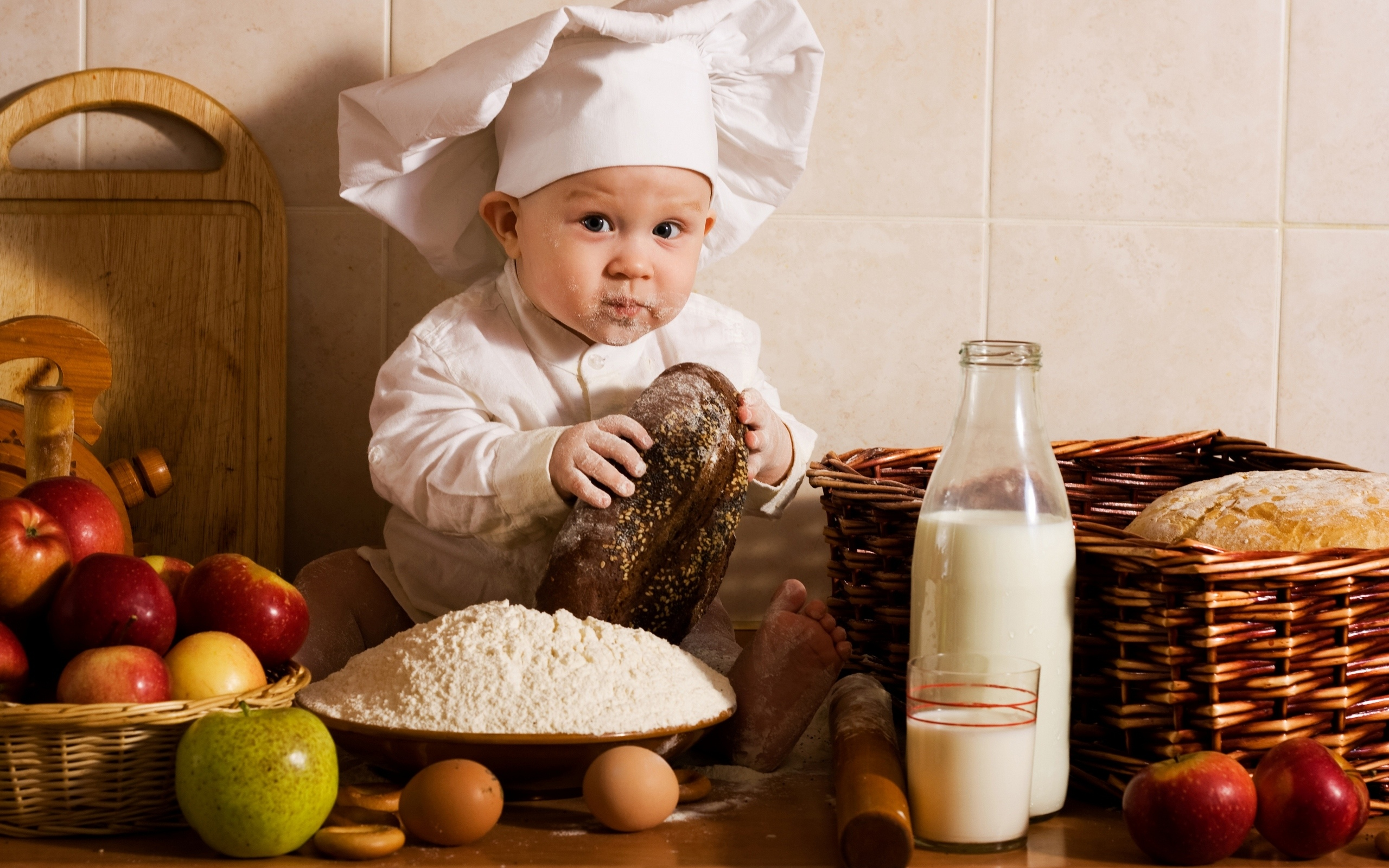 bread, baby, cap, flour, boy, milk, fruits, eggs, apples, vegetables, cook, babe, kitchen
