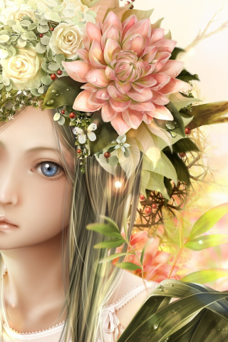 взгляд, портрет, девочка, венок, цветы, листья, bouno, satoshi, веточки, лицо