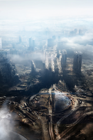город, здания, руины, постапокалипсис, вид сверху, панорама, дороги, машины, облака