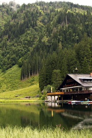 lake, house, boats, mountains, forest