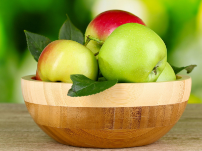 еда, яблоко, фрукт, зеленые, яблоки, листья, фон