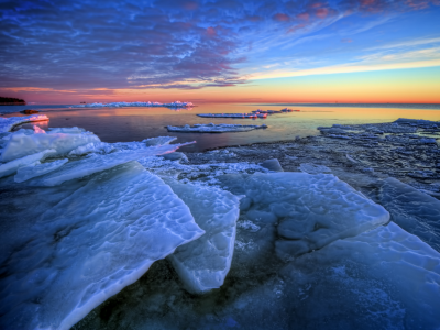 море, рассвет, зима, утро, льдины