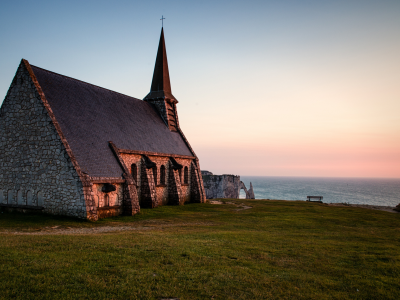 море, вечер, chapelle notre-dame de la garde , франция, нормандия