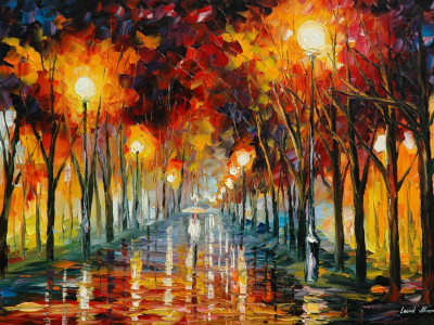 отражение, leonid afremov, дорога, дождь, фонари, живопись