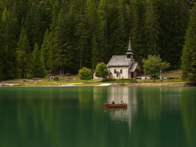 озеро, лес, лодка, домик, красота