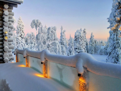 winter, trees, snow, path, mountain, moon, cabin