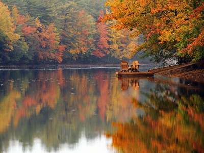 осень, река, лес, деревья, краски, кресло, красота, тишина