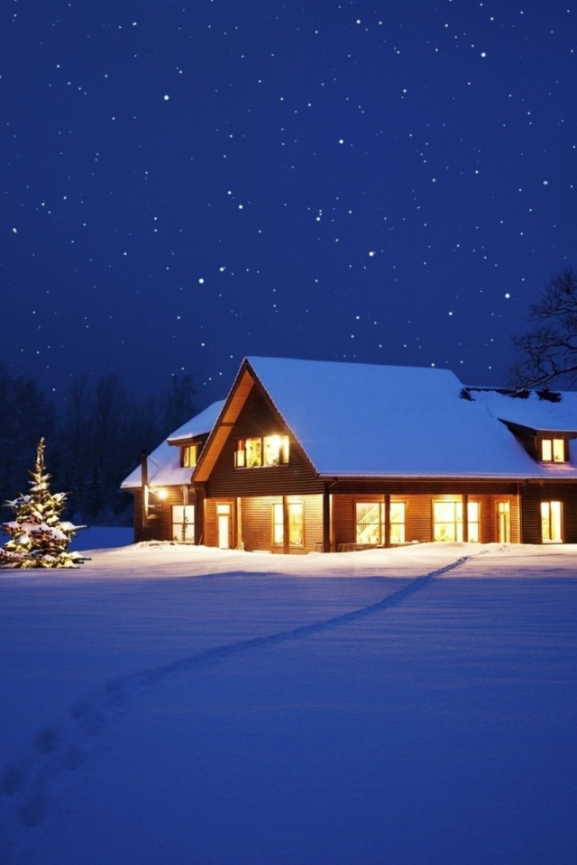 зима, дом, небо, звезды, елка, снег, тропинка