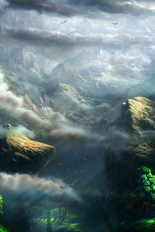 облака, зелень, горы, высота, арт, скалы, деревья, fel-x