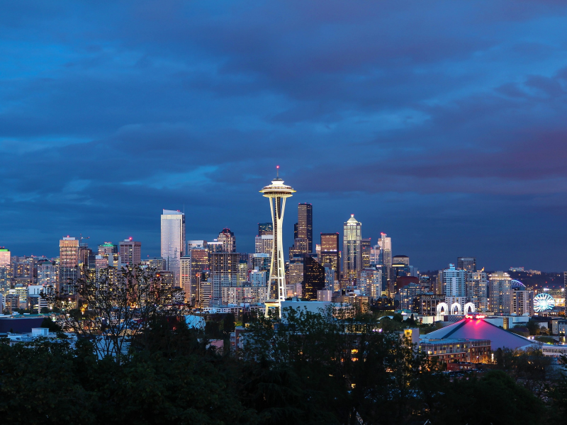 Kerry Park, Downtown Seattle, город, панорамма, рассвет