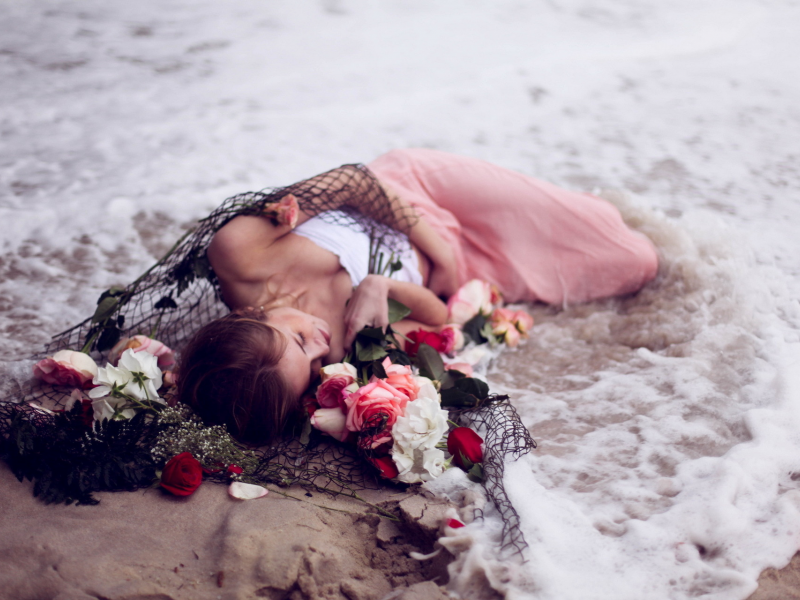 девушка, ситуация, сети, цветы, море