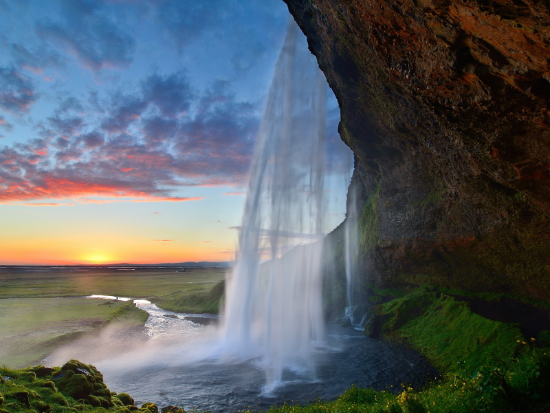 исландия, водопад, island, вечер, seljalandsfoss, waterfall