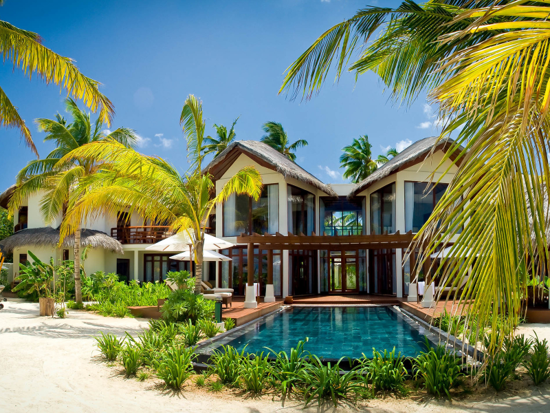 бассейн, экзотика, maldives, пальмы, вилла