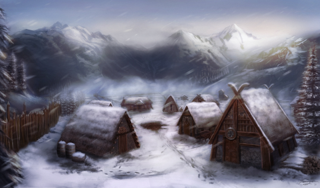 арт, викинги, деревня, michael davini, снег, дома, поселение