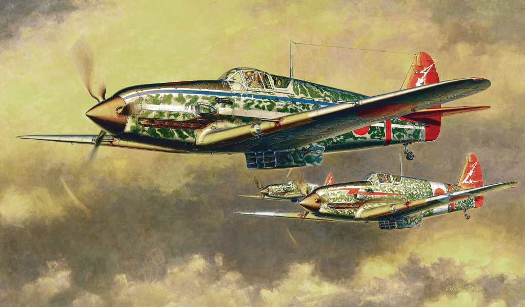 ww2, japanese fighter, japanese aircraft, painting, art, kawasaki ki-61 hien type i-hei, war