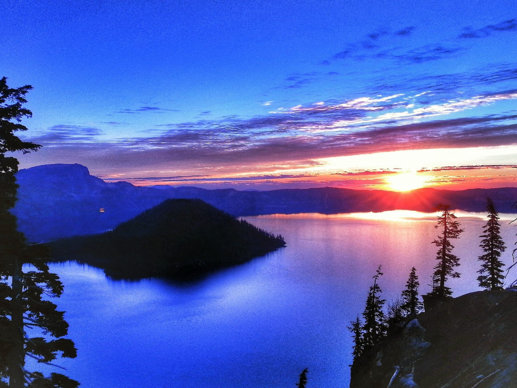 Crater Lake, закат, озеро, пейзаж