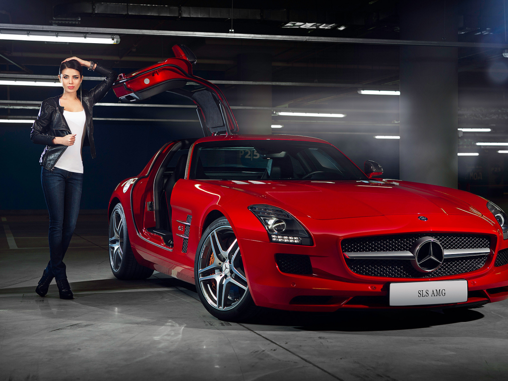 girl, beauty, supercar, amg, door, mercedes-benz, sls, red