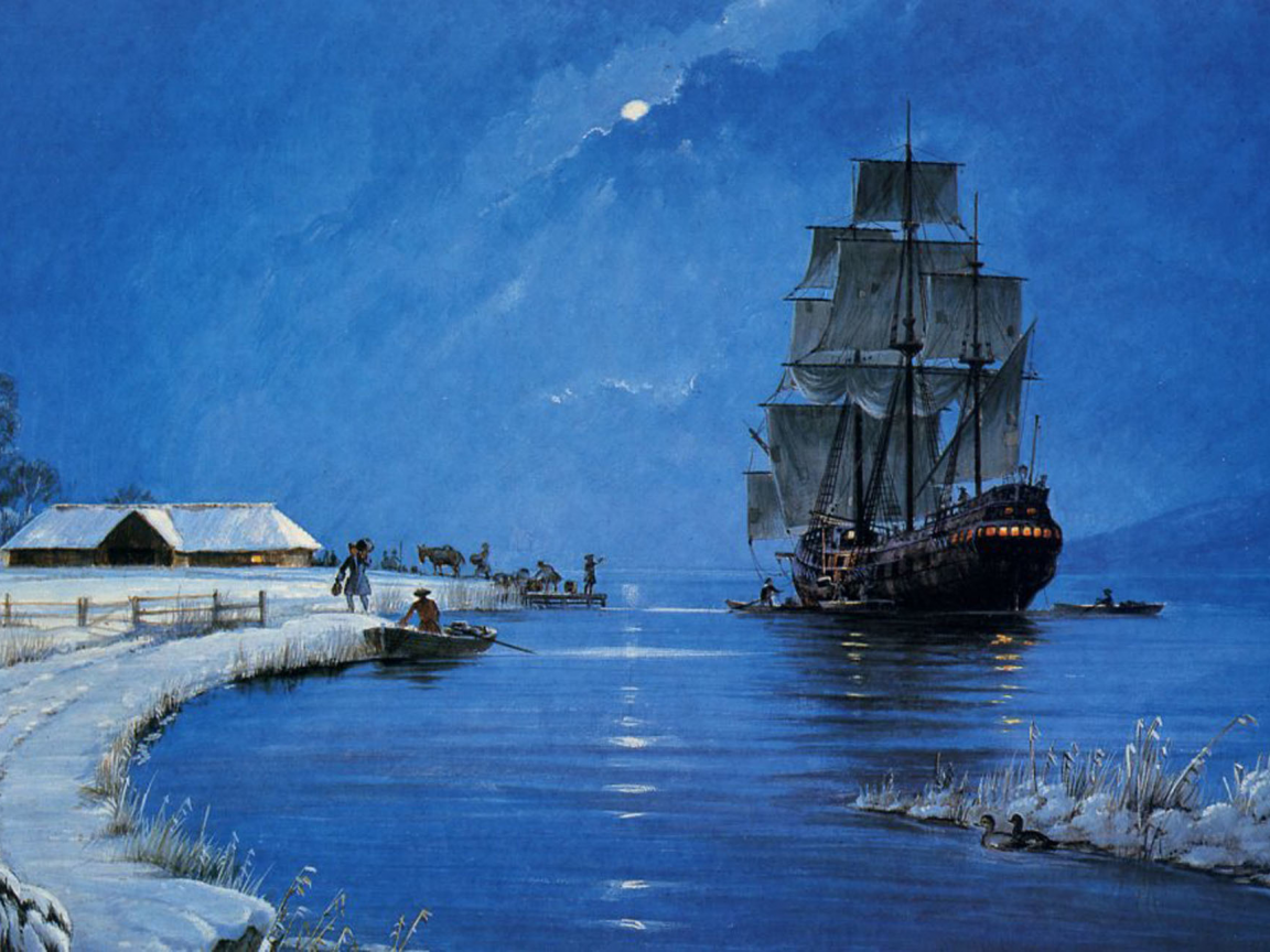 картина, лодка, зима, вечер, корабль, море, парусник