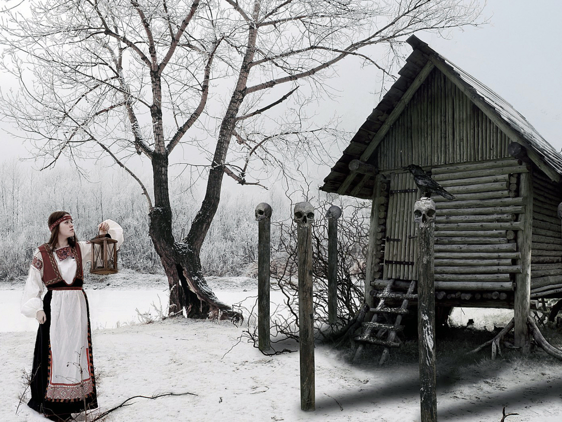 Зима, девушка, избушка, черепа, колдовство.