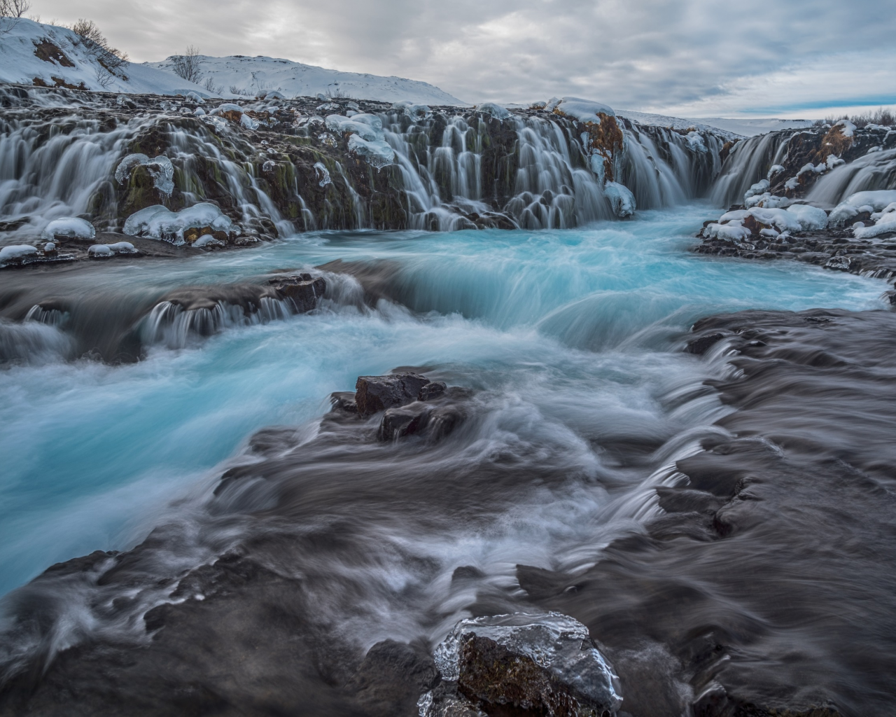 Iceland, Исландия, водопад, поток, скалы, камни, облака, природа, пейзаж