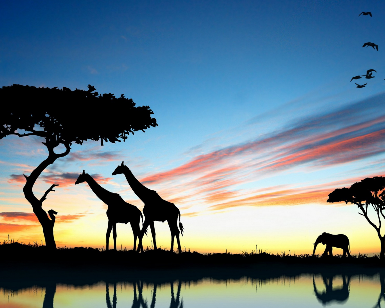 Жираф, закат, Африка, озеро, отражение, слон, небо, птицы