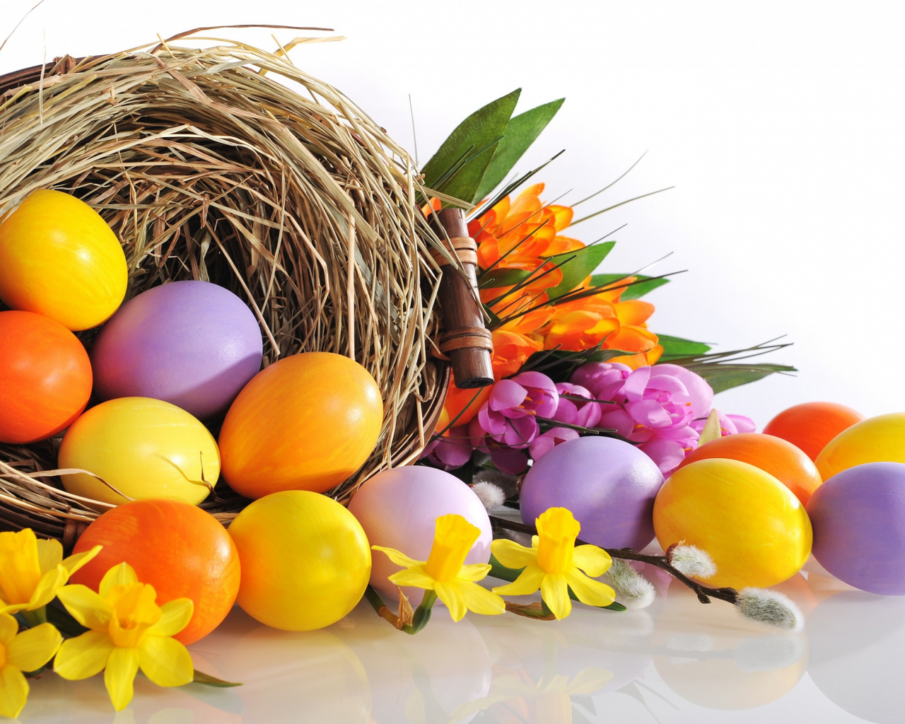 Easter, eggs, flowers, Пасха, яйца, цветы, нарциссы