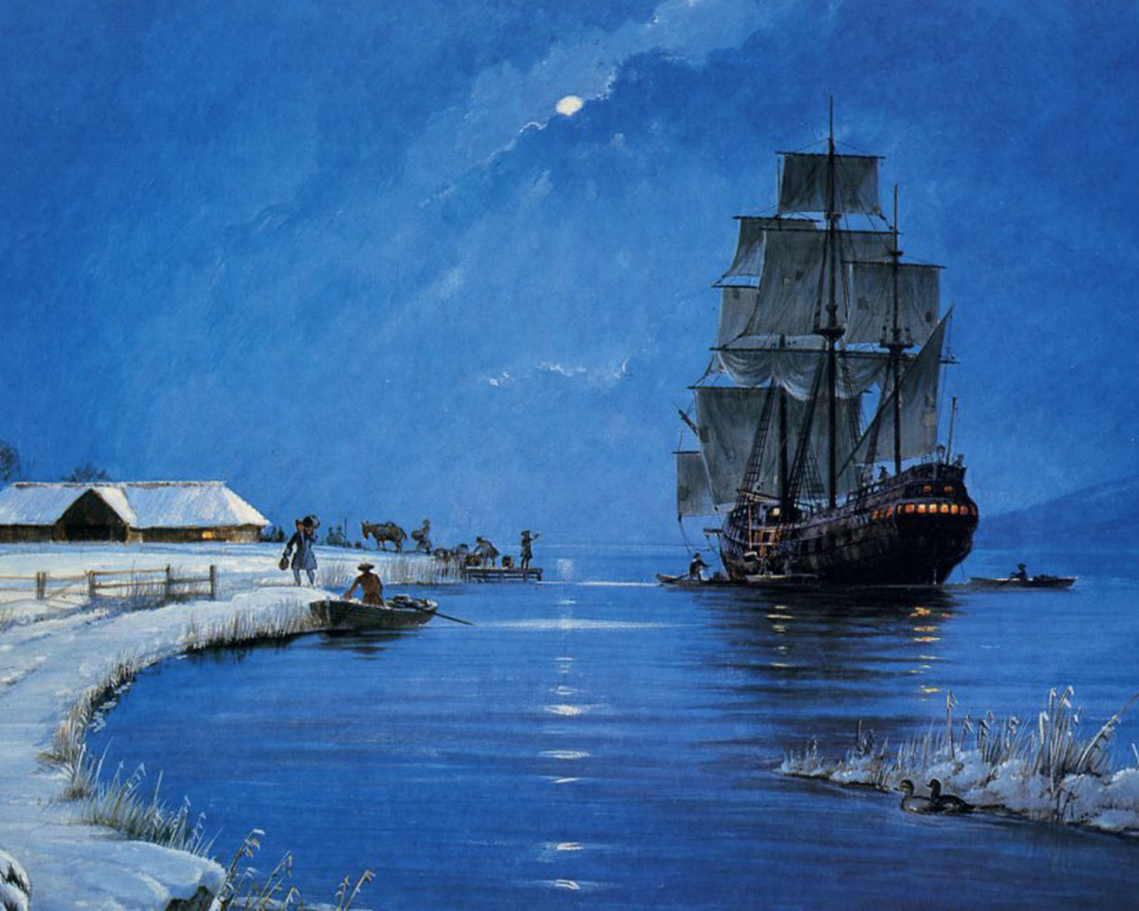 картина, лодка, зима, вечер, корабль, море, парусник