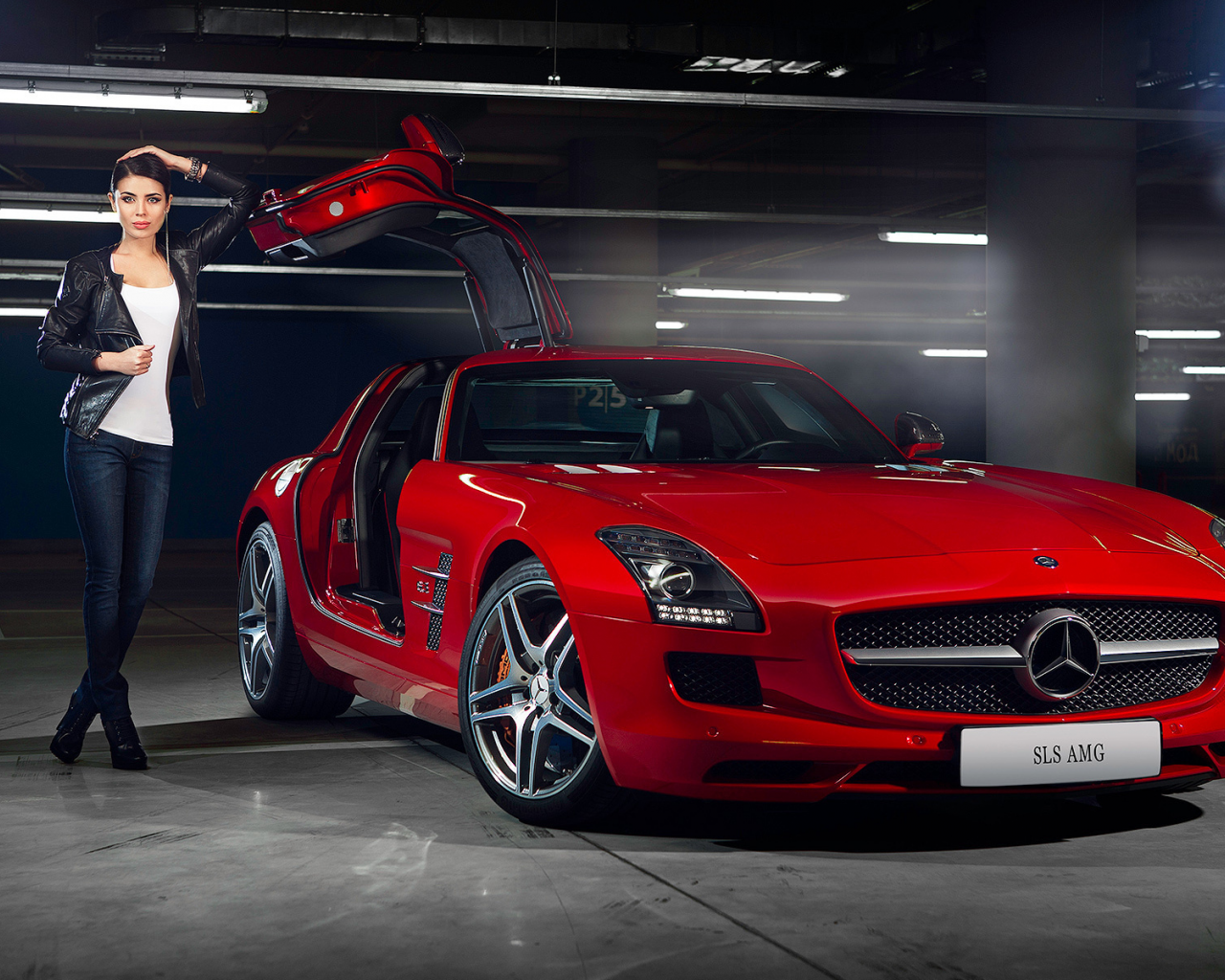 girl, beauty, supercar, amg, door, mercedes-benz, sls, red