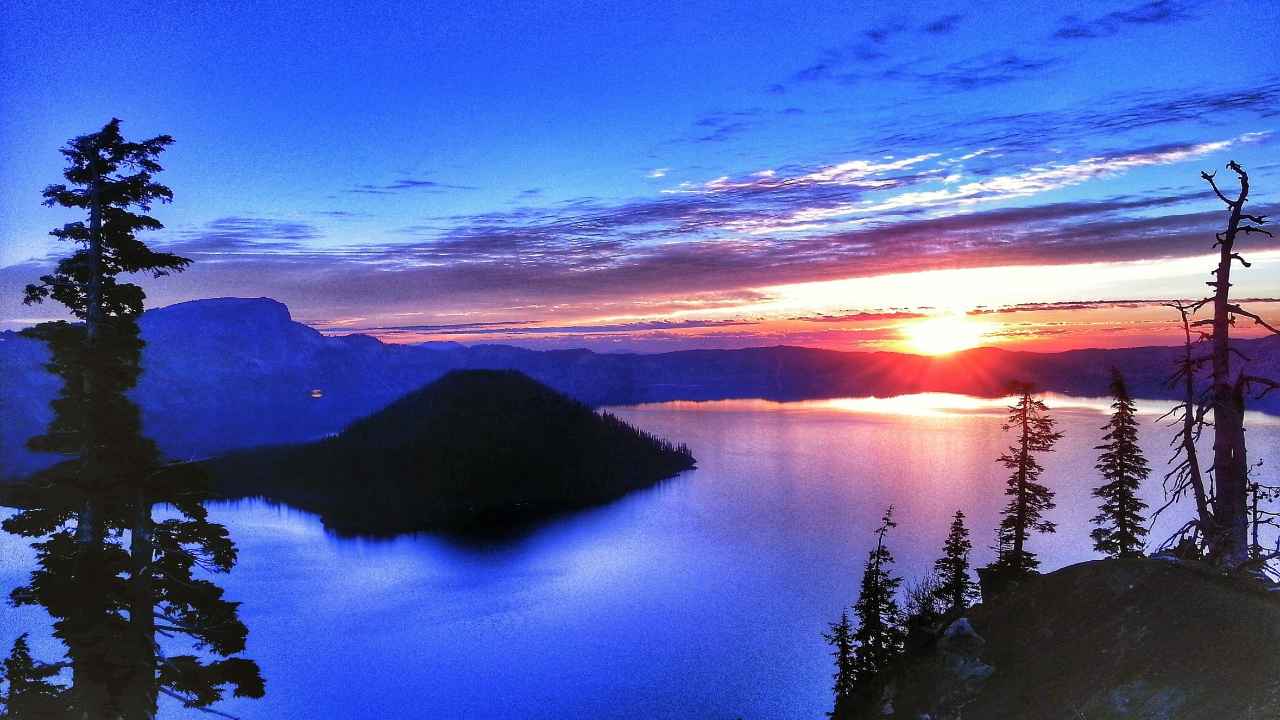 Crater Lake, закат, озеро, пейзаж