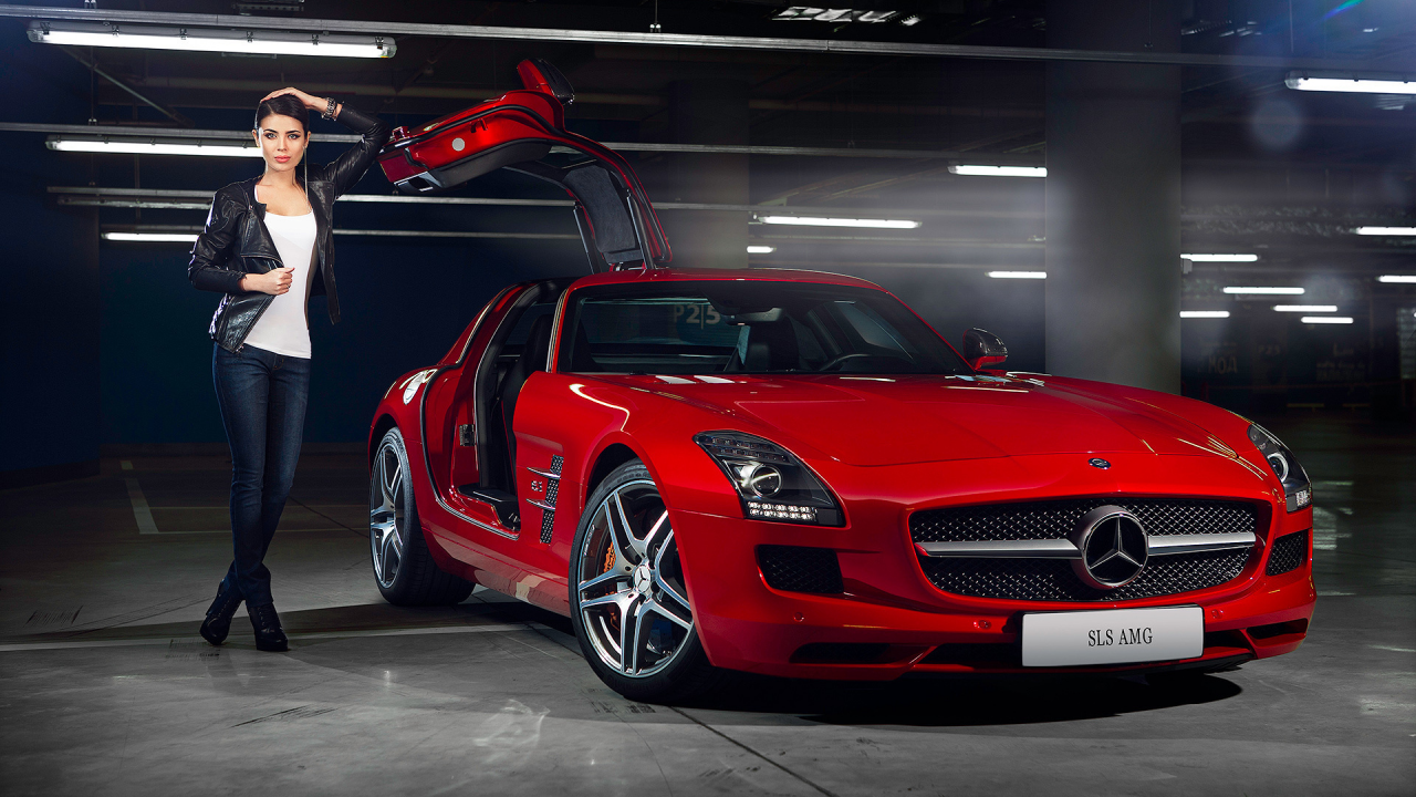 girl, beauty, supercar, amg, door, mercedes-benz, sls, red