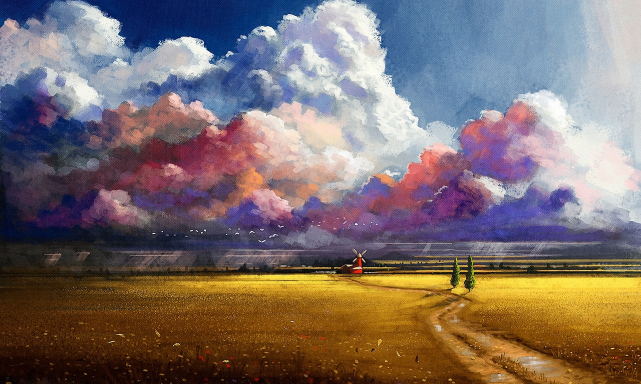 нарисованный пейзаж, дорога, поле, облака, деревья